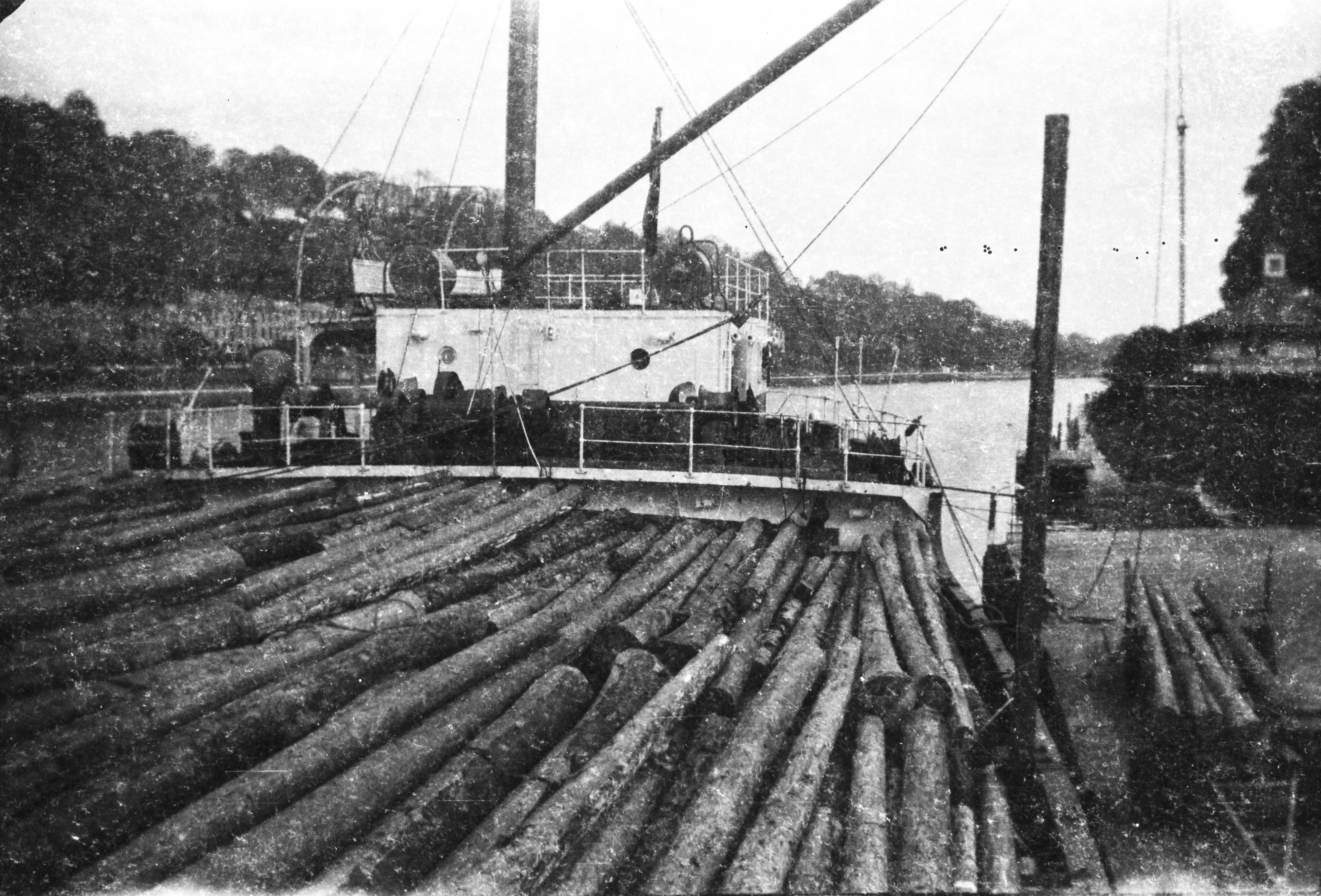 Black-and-white photograph showing a cargo vessel carrying a large load of timber electricity poles at a riverside dock during the Rural Electrification Scheme.