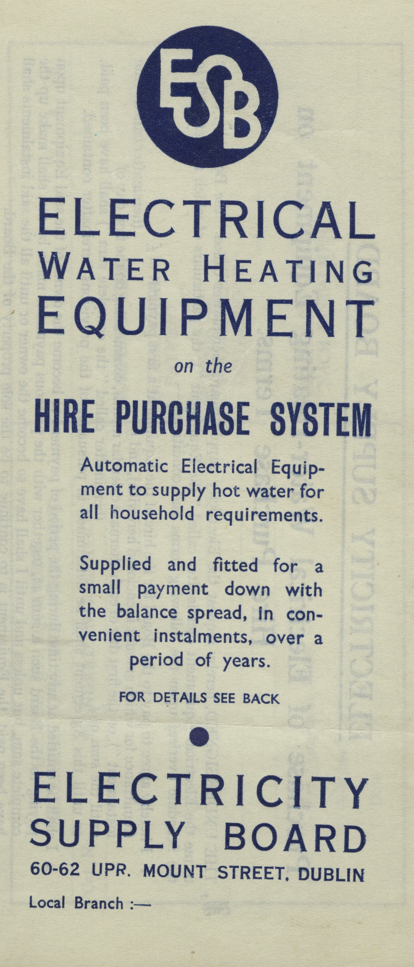 ESB pamphlet for water heating equipment, c1930s.