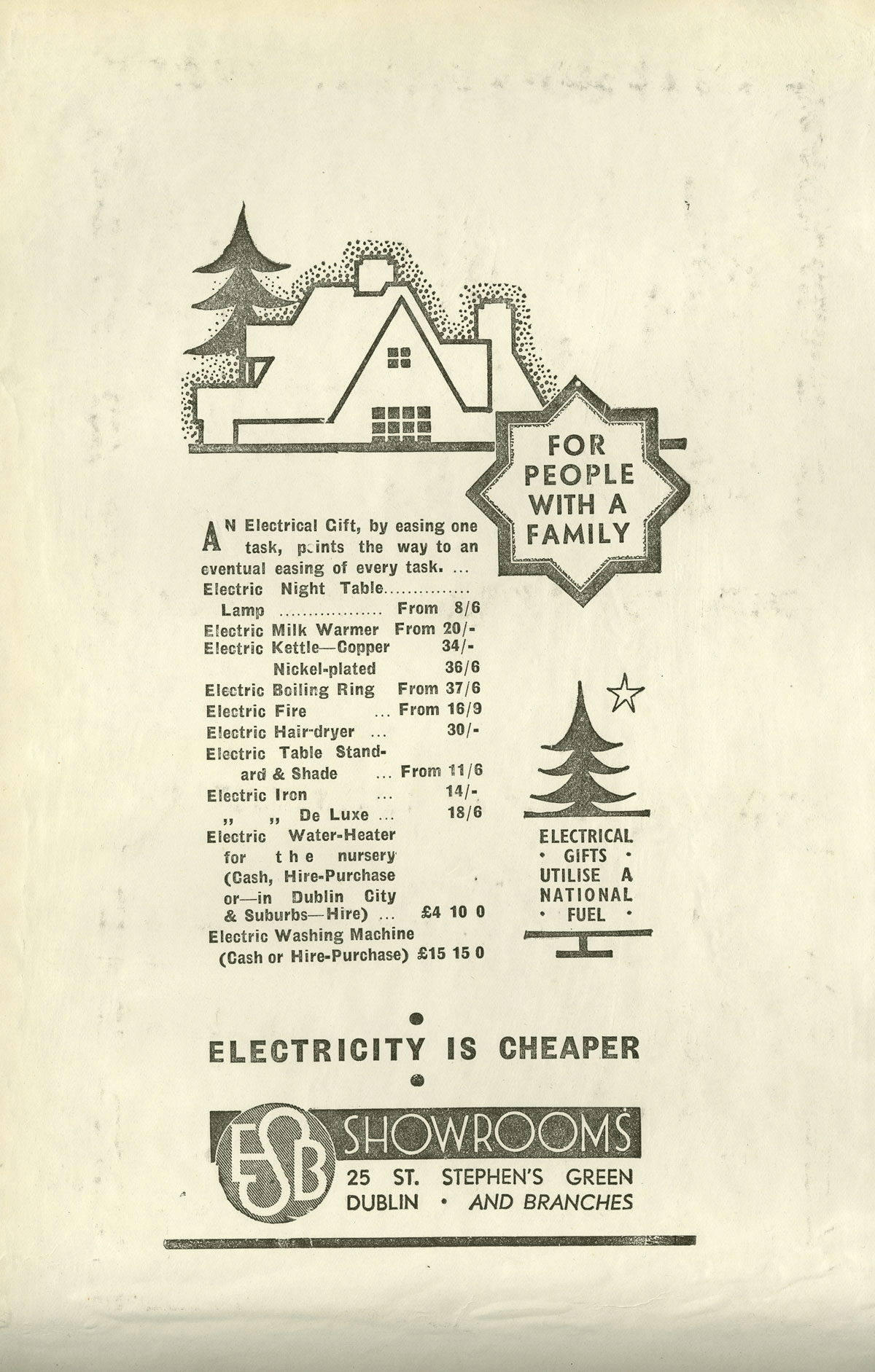 ESB advertisement promoting electrical appliances as gifts for families, featuring a house illustration and a list of domestic electrical products available from ESB showrooms.