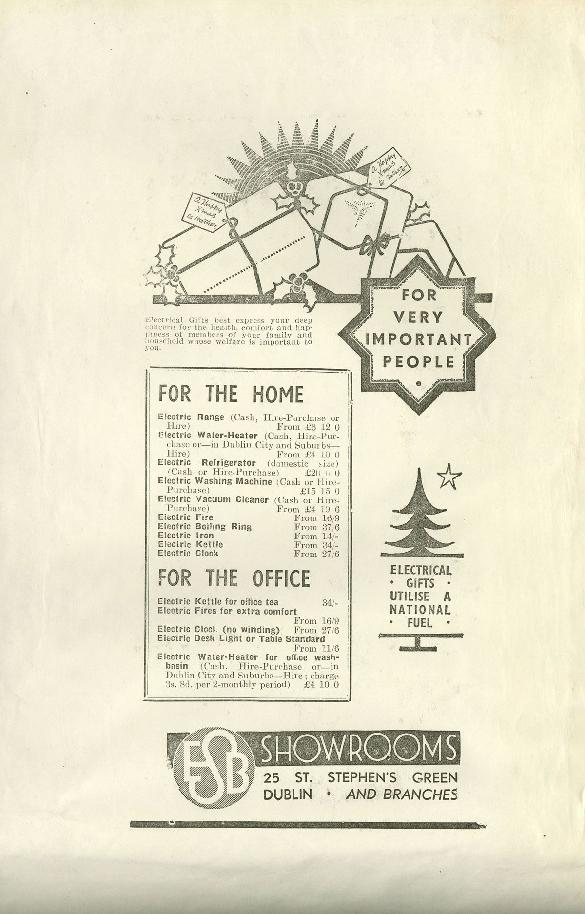 ESB advertisement promoting electrical appliances as gifts for the home and office, featuring illustrated wrapped presents and a list of electrical products available from ESB showrooms.