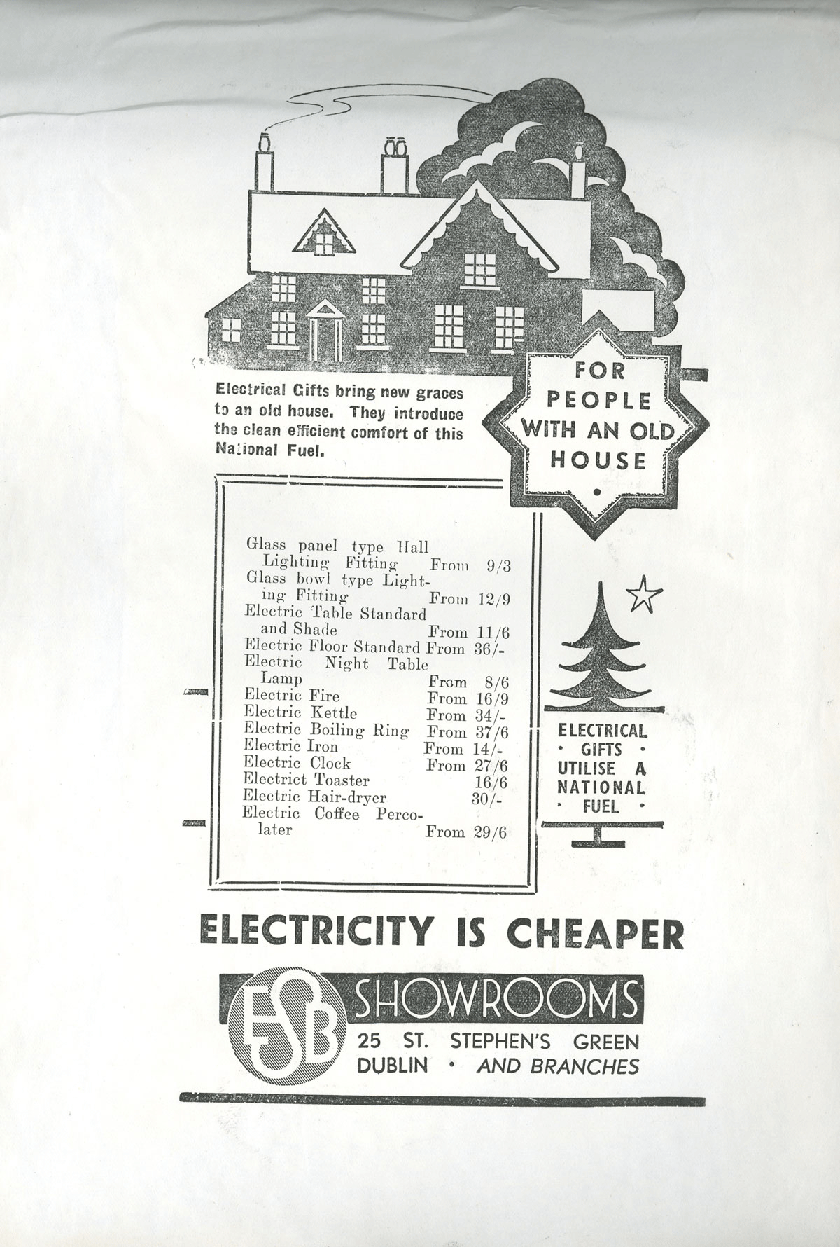 ESB advertisement promoting electrical appliances as gifts for older homes, featuring an illustration of a traditional house and a list of domestic electrical products available from ESB showrooms.