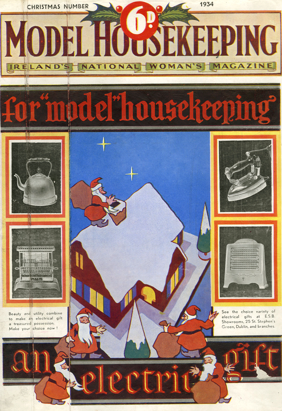 Cover of the Christmas 1934 issue of Model Housekeeping magazine featuring an ESB advertisement promoting electrical gifts for the home, with festive illustrations and household electrical appliances.