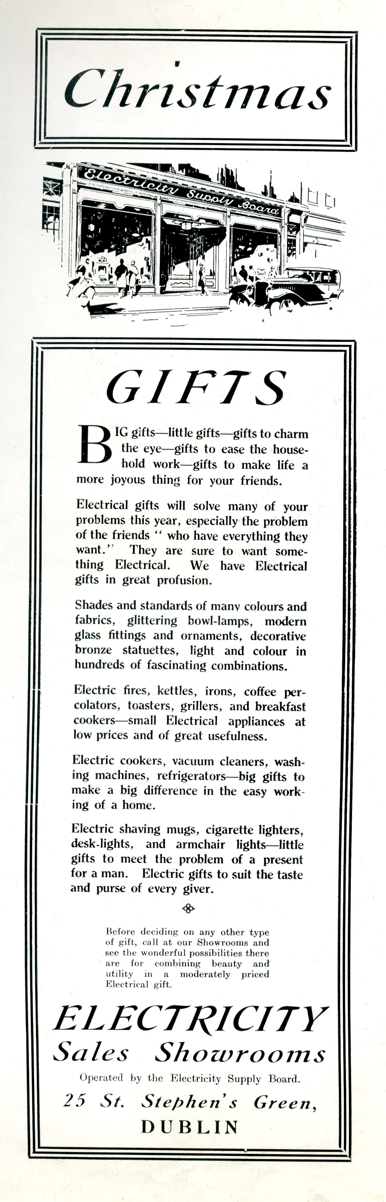 ESB Christmas advertisement promoting electrical gifts, featuring an illustration of the Electricity Supply Board showroom and information about electrical appliances available as presents.