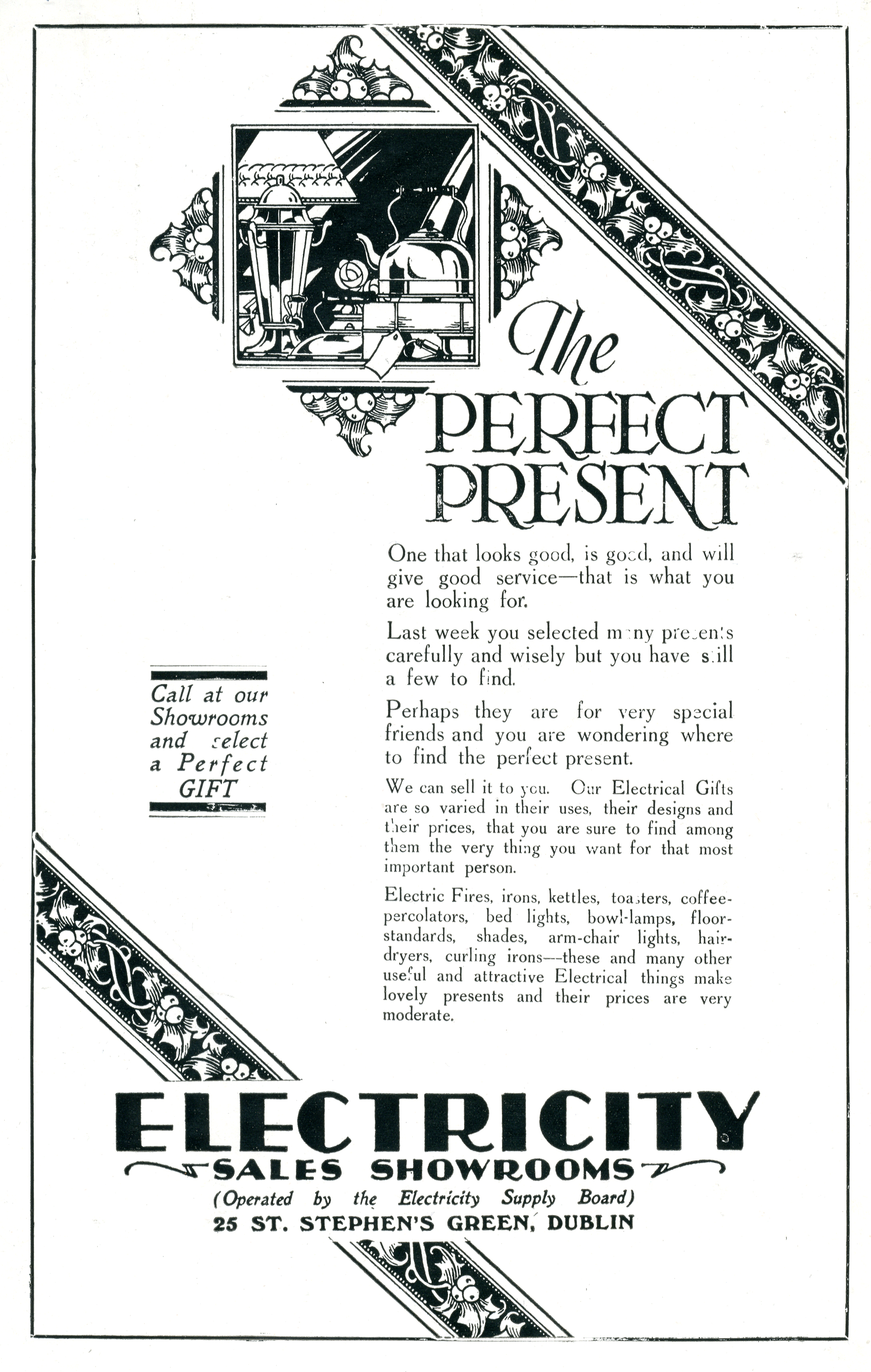 ESB advertisement promoting electrical gifts, featuring decorative illustrations and a selection of household electrical appliances available from the Electricity Sales Showrooms.