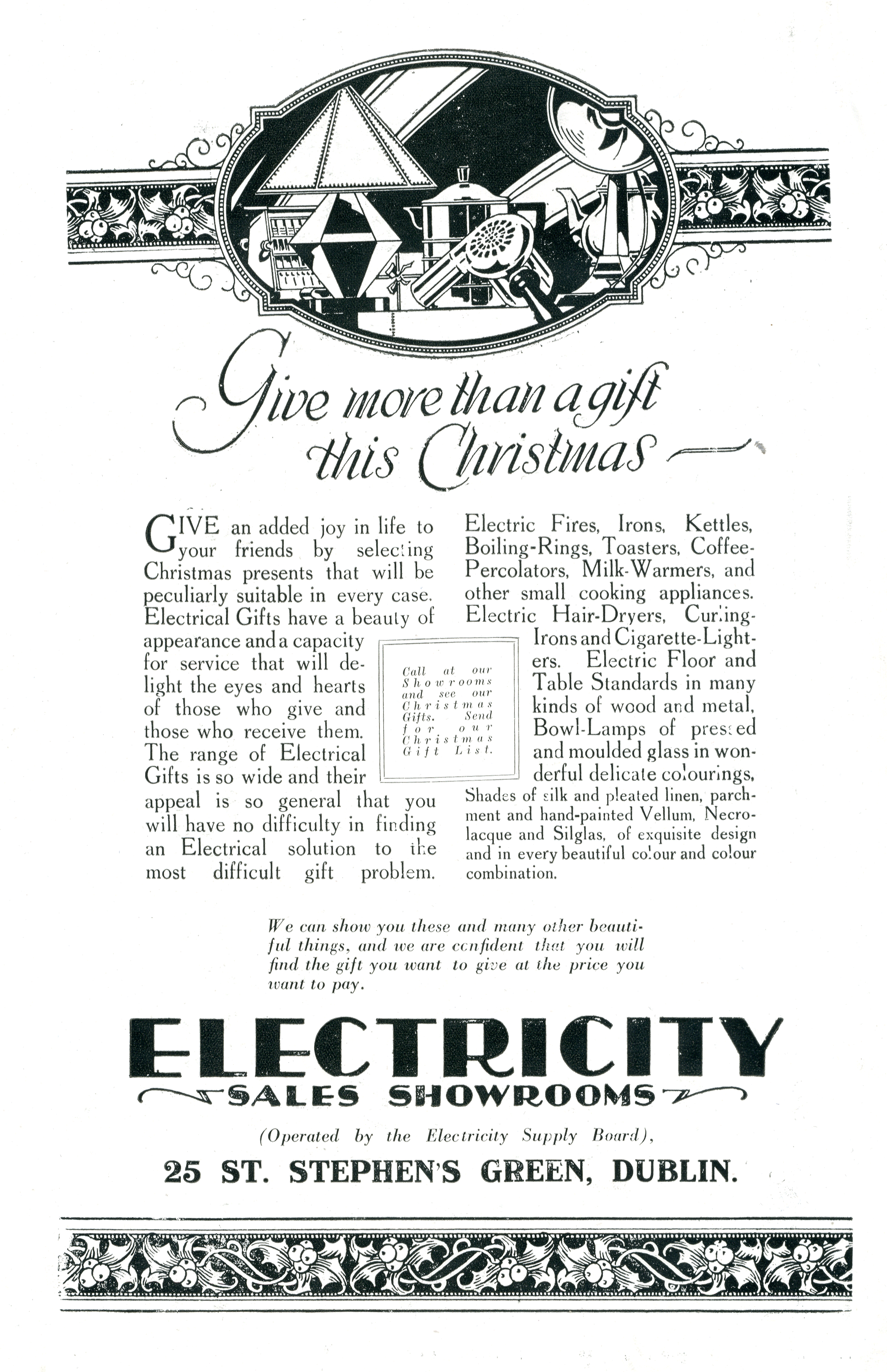 Advertisement promoting electrical appliances as Christmas gifts, featuring illustrations of household lighting and domestic electrical products.