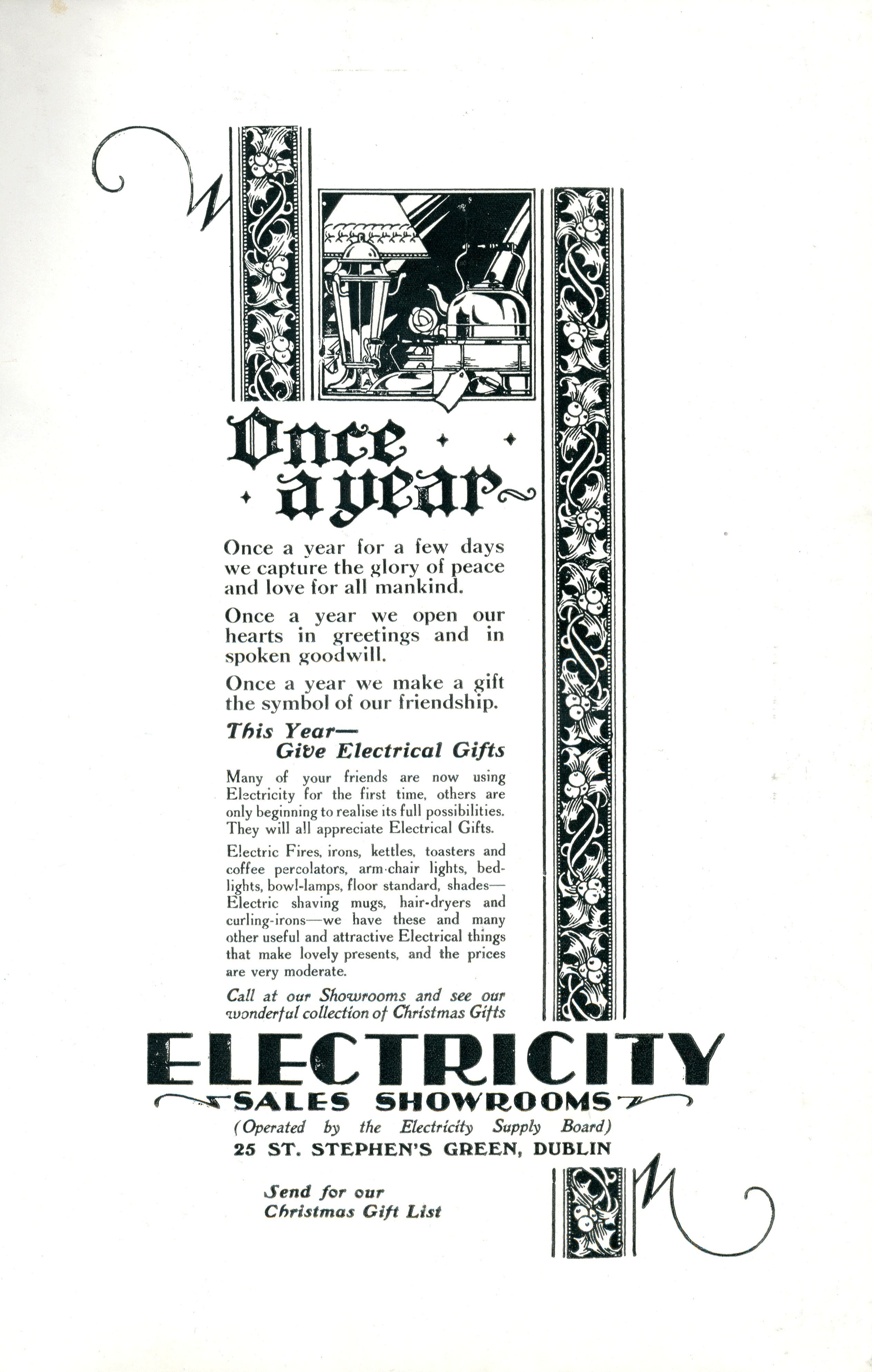 ESB Christmas advertisement encouraging the purchase of electrical gifts, featuring decorative holiday-themed artwork and a selection of household electrical appliances.
