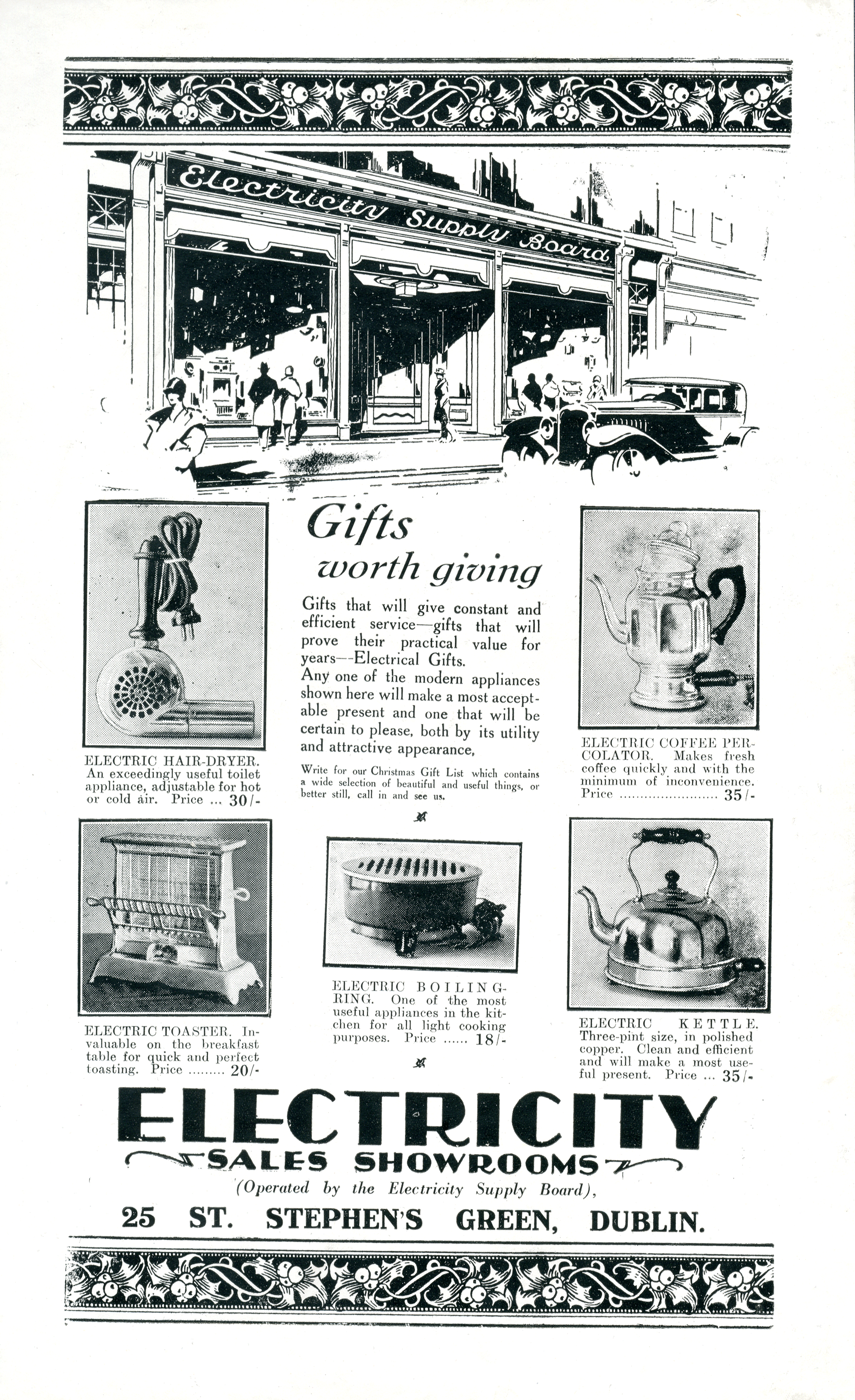 ESB advertisement promoting electrical gifts, featuring illustrations of household appliances and the Electricity Supply Board showroom.