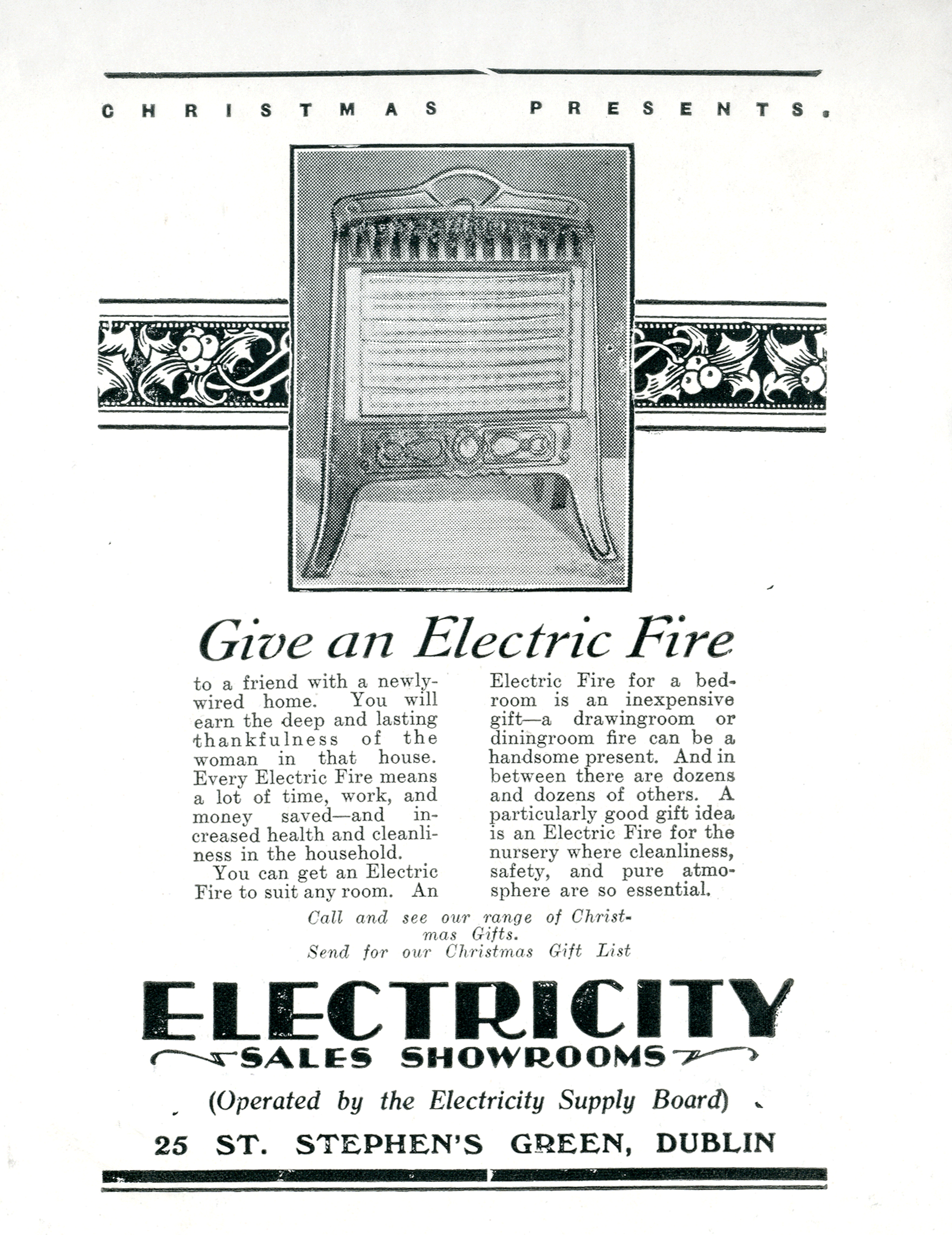 ESB Christmas advertisement promoting an electric fire as a gift, featuring an illustration of a domestic electric heater and information about electrical gifts available from the Electricity Sales Showrooms.