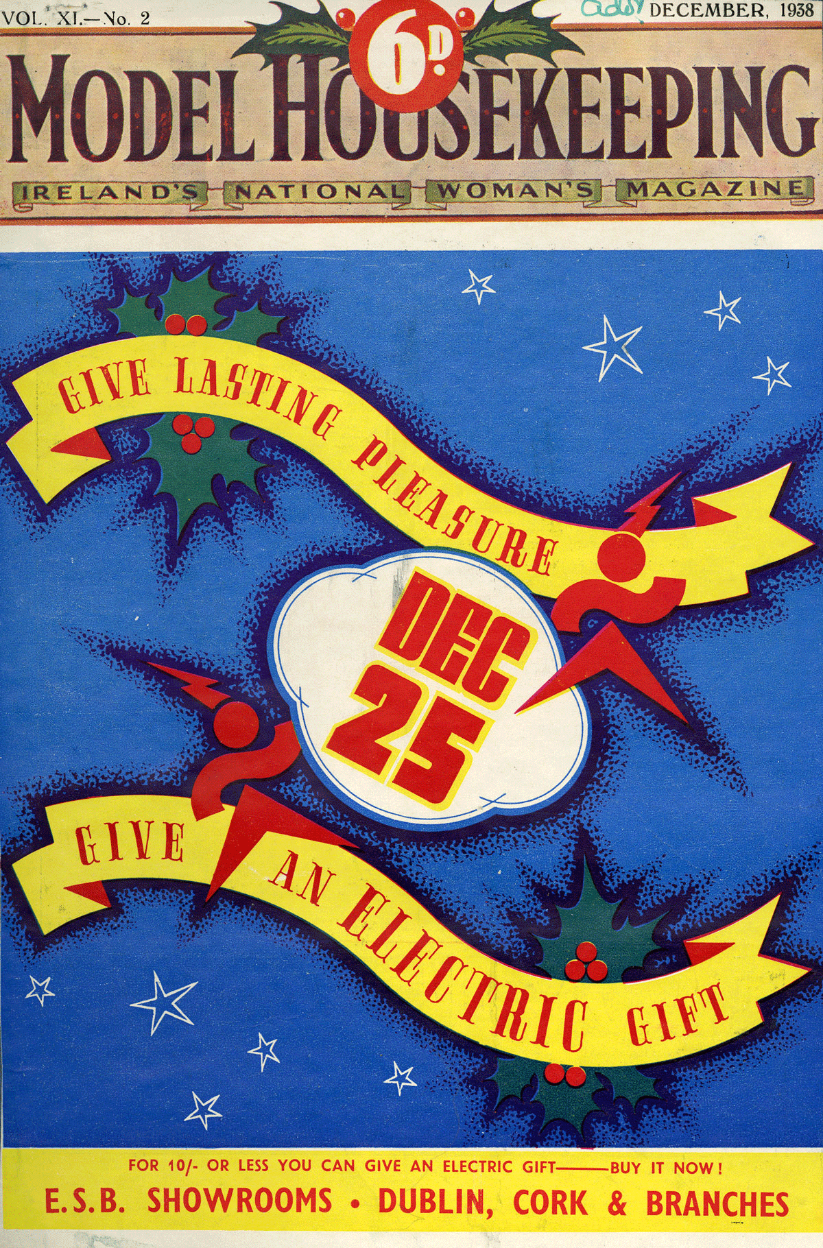 Cover of the December 1938 issue of Model Housekeeping magazine featuring a Christmas-themed ESB advertisement encouraging readers to give electrical gifts.