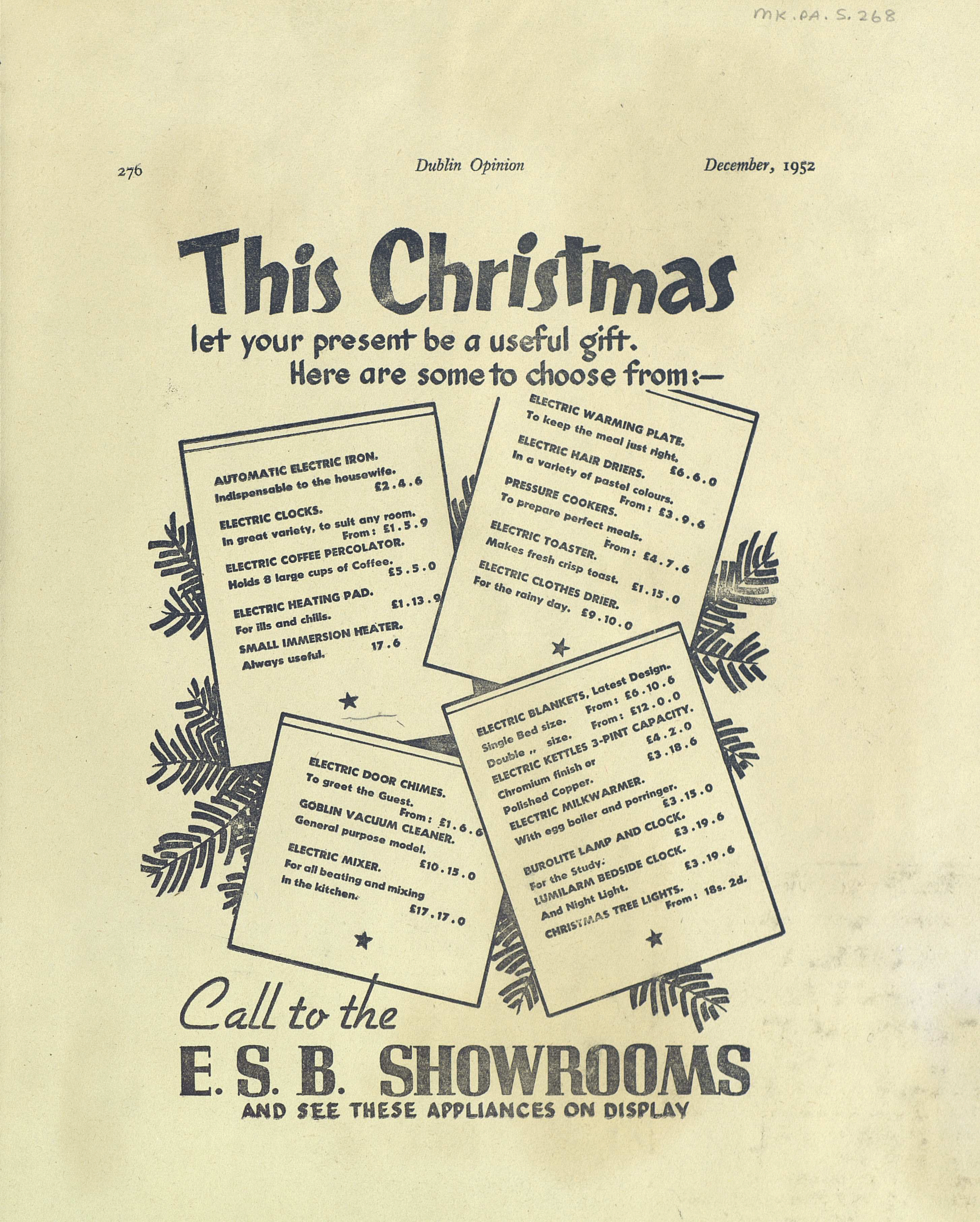 ESB Christmas advertisement encouraging shoppers to buy practical electrical gifts, featuring illustrated gift lists of household electrical appliances available from ESB showrooms.