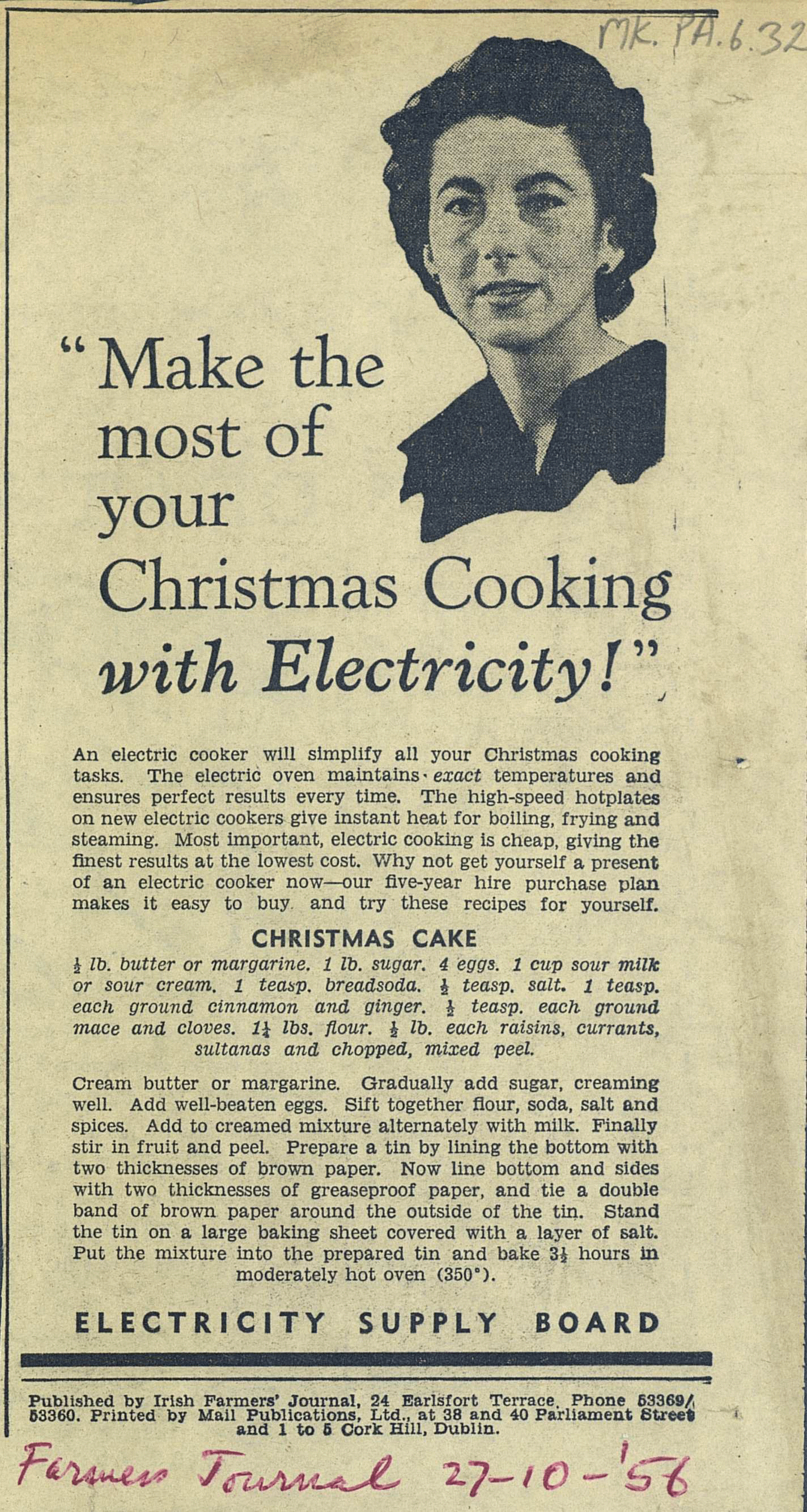 ESB advertisement promoting electric cookers for Christmas cooking, featuring a Christmas cake recipe and advice on the benefits of cooking with electricity.