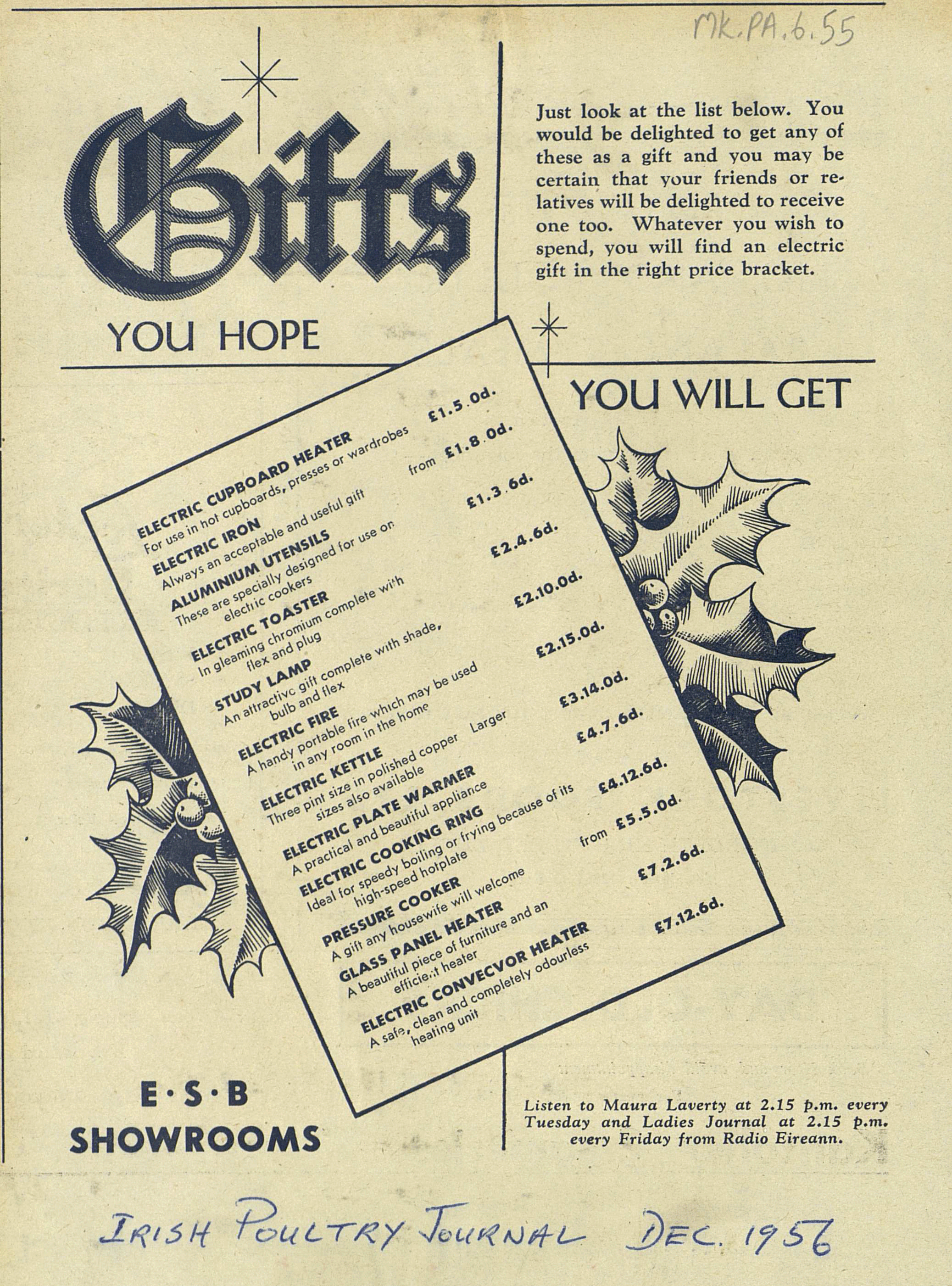 ESB Christmas advertisement promoting electrical gifts, featuring a list of household electrical appliances available at different price points.