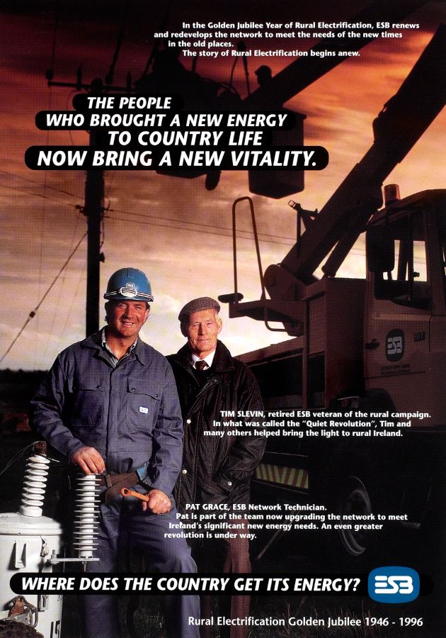 ESB Rural Electrification Golden Jubilee poster featuring two ESB workers standing beside electrical equipment and a utility vehicle, with text commemorating the rural electrification programme.