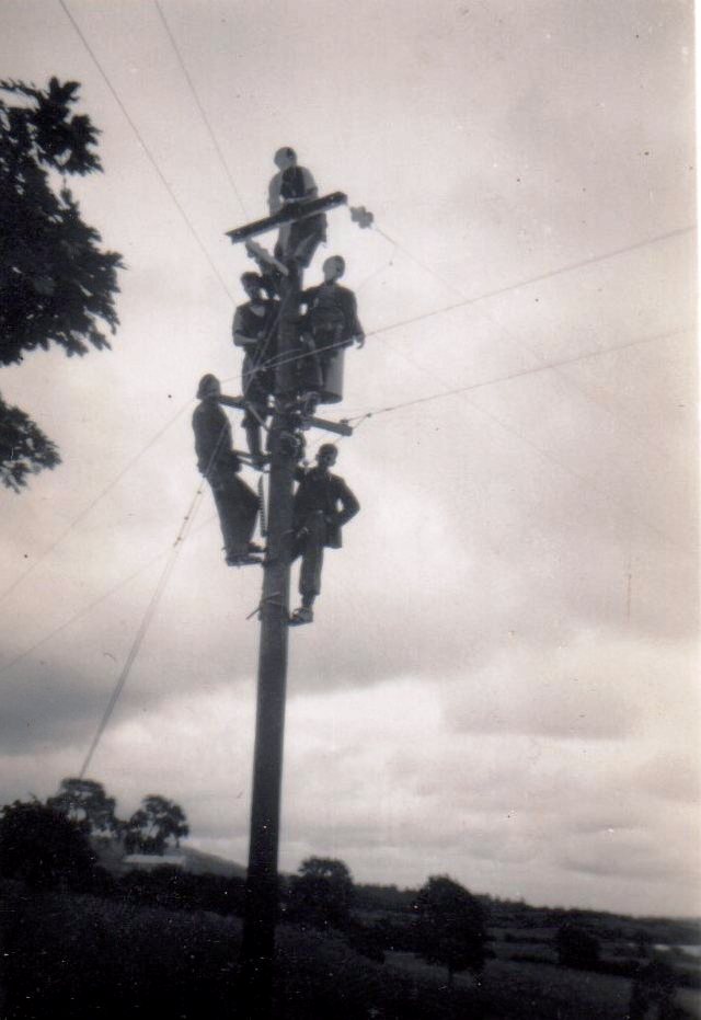 Several ESB workers positioned on a wooden electricity pole, carrying out work on overhead power lines in a rural landscape.