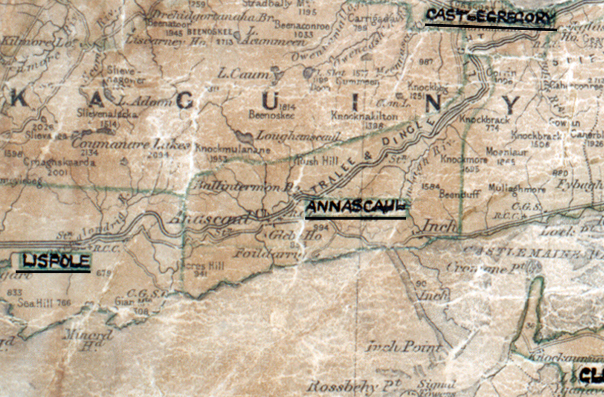 A scanned, worn historical map from the 1940s of the  rural electrification area around Annascaul. A hand‑drawn boundary outlines the region, including Castlegregory and Lispole.