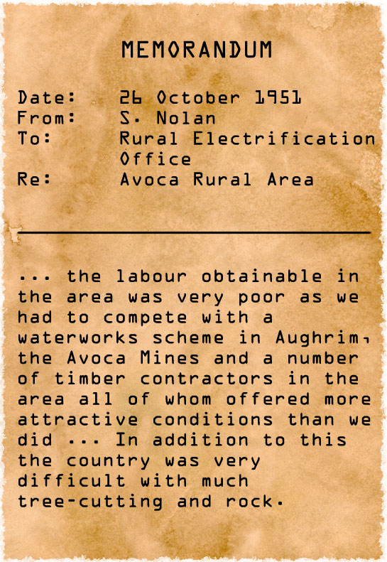Memorandum dated 26 October 1951 regarding the Avoca Rural Area, discussing difficulties recruiting labour for rural electrification works due to competition from other local employers and challenging ground conditions.