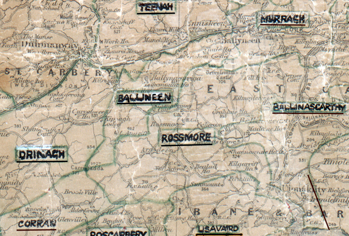 A scanned, worn historical map from the 1940s of the  rural electrification area around Ballineen. A hand‑drawn boundary outlines the region, including Teenah, Murragh, Ballinascarthy, Rossmore, Drinagh, Corran, Rosscarbery, and Lisavaird.