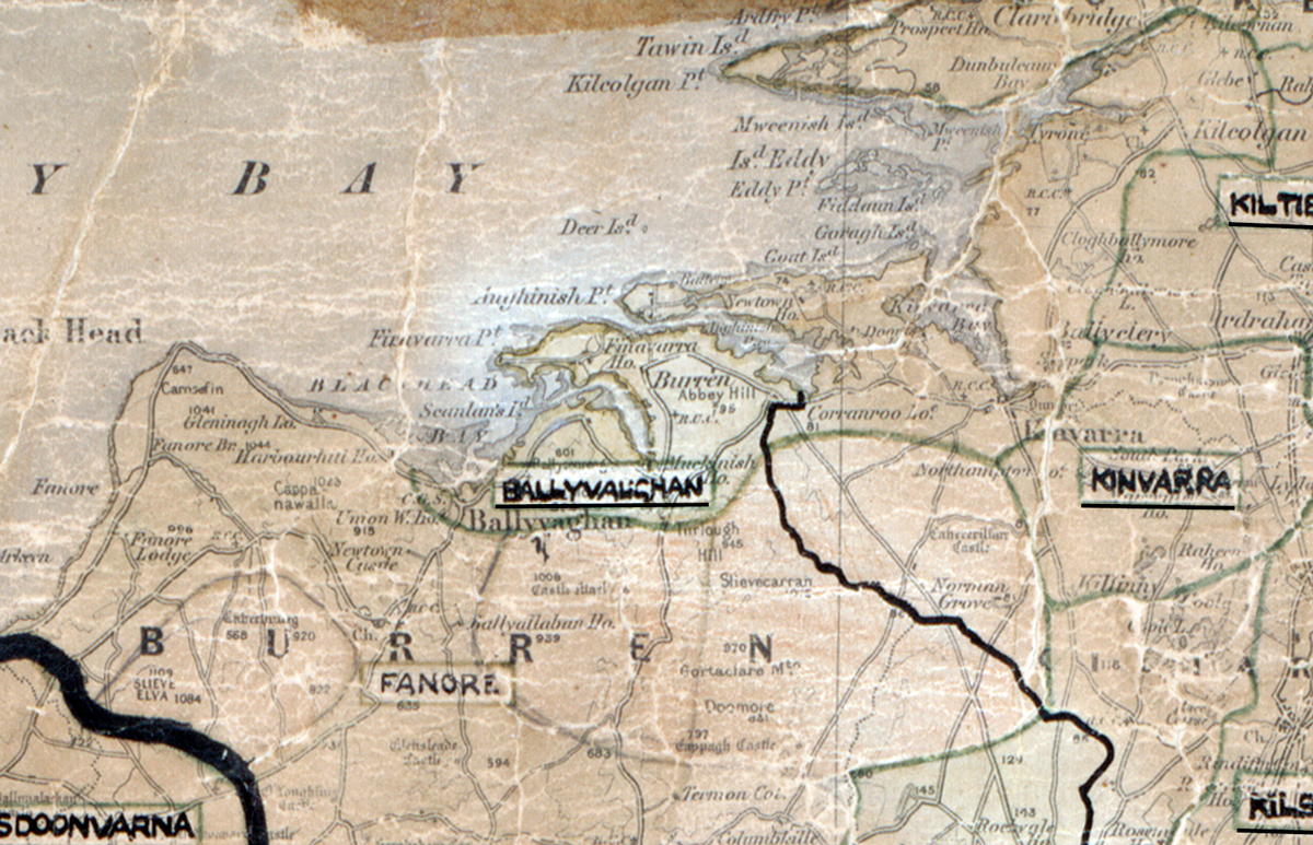 A scanned, worn historical map from the 1940s of the rural electrification area around Ballyvaughan. A hand‑drawn boundary outlines the region, including Fanore and Kinvarra