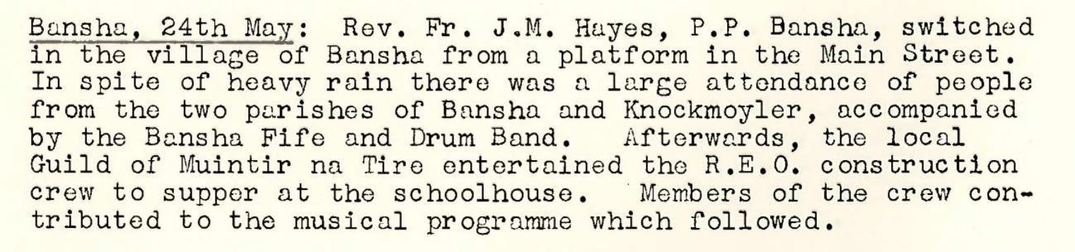 Typed report describing the switching-on of electricity in Bansha and the community celebrations that followed.