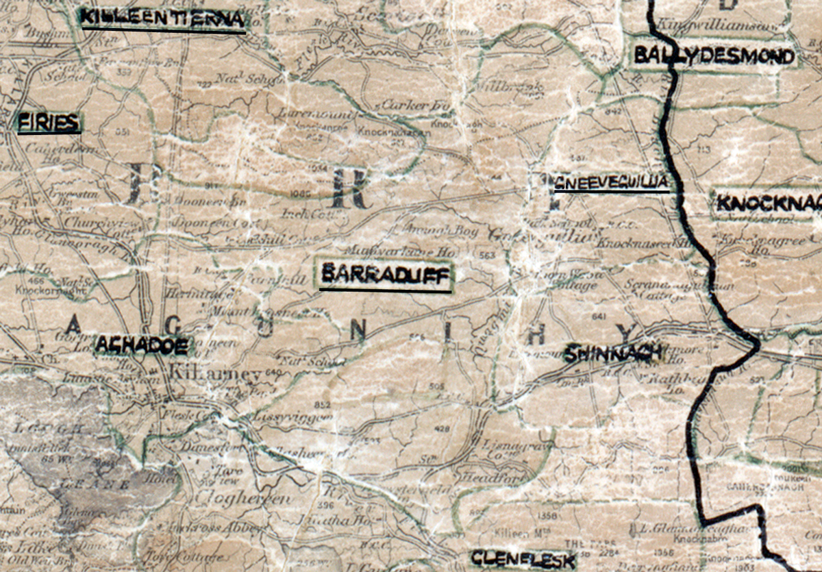 A scanned, worn historical map from the 1940s of the  rural electrification area around Barraduff. A hand‑drawn boundary outlines the region, including Ballydesmond, Kiwleetierna, Aghadoe and Glenflesk.