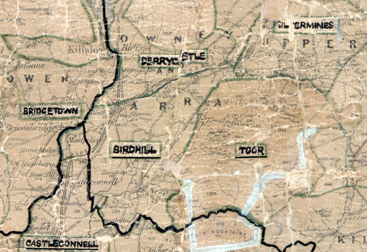 “A scanned, worn historical map from the 1940s of the rural electrification area around Birdhill. A hand‑drawn boundary outlines the region, including Toor and Bridgetown.