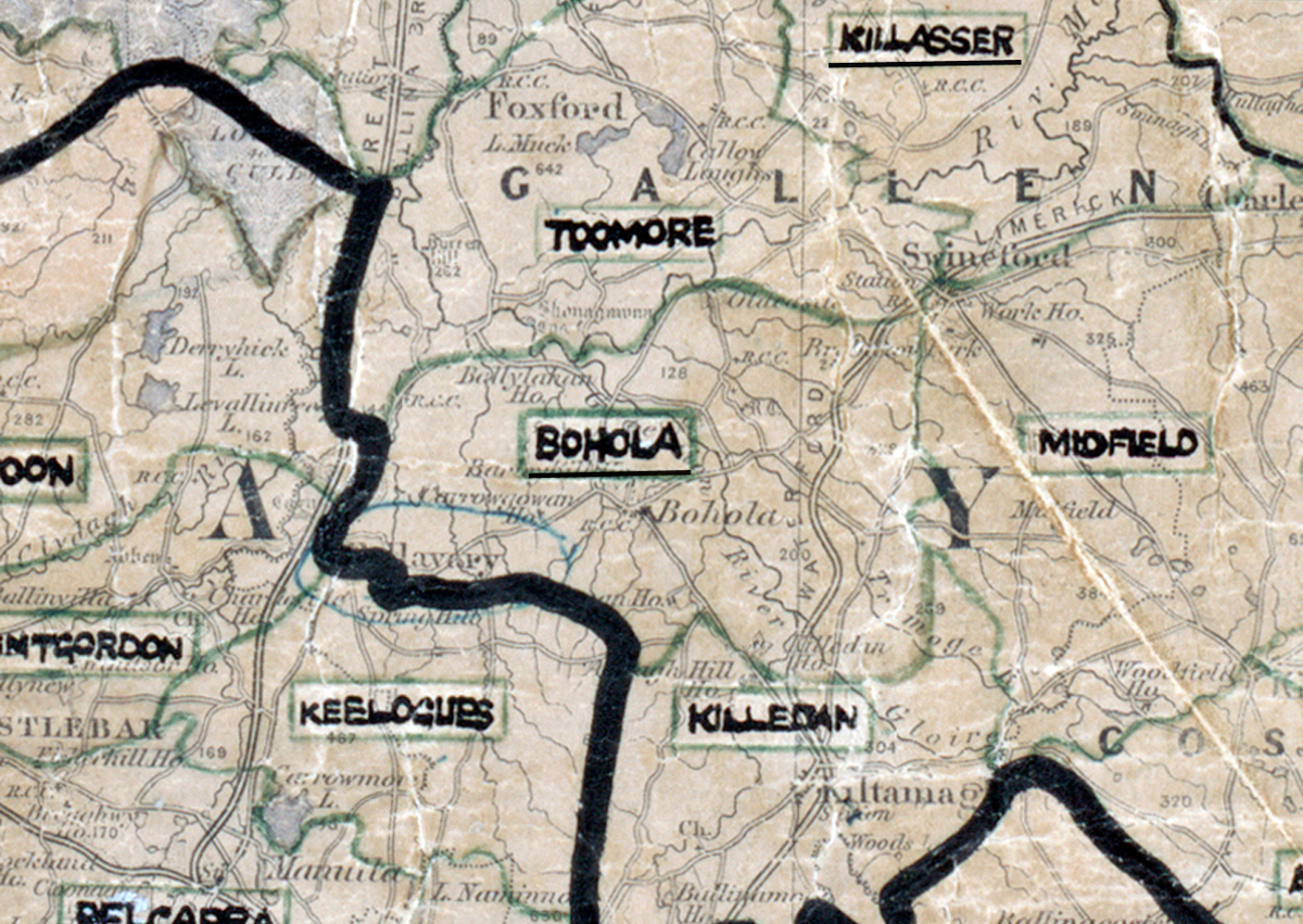 “A scanned, worn historical map from the 1940s of the rural electrification area around Banhola. A hand‑drawn boundary outlines the region, including Killedan and Toomore.