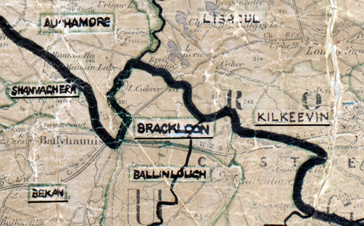 “A scanned, worn historical map from the 1940s of the rural electrification area around Brackloon. A hand‑drawn boundary outlines the region, including Kilkeevin and Bekan.