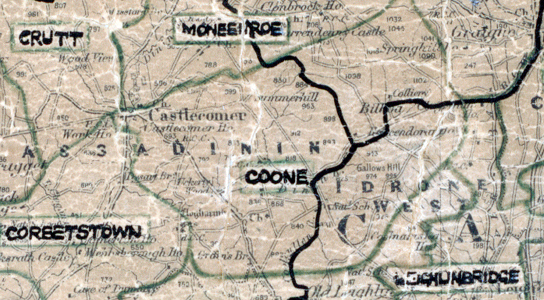 “A scanned, worn historical map from the 1940s of the rural electrification area around Coone. A hand‑drawn boundary outlines the region, including Crutt and Coreetstown.