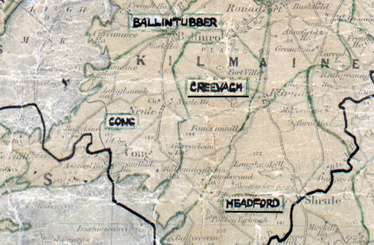 A scanned, worn historical map from the 1940s of the rural electrification area around Creevach. A hand‑drawn boundary outlines the region, including Cong and Meadford.