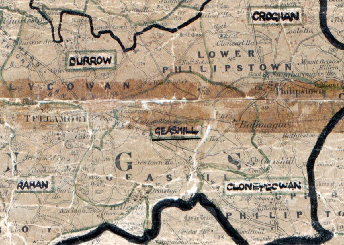 A scanned, worn historical map from the 1940s of the rural electrification area around Geashill. A hand-drawn boundary outlines the region.