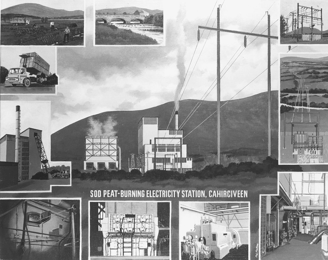 Montage of photographs showing the Cahirciveen sod peat-burning electricity station, electricity infrastructure, peat operations and station equipment.