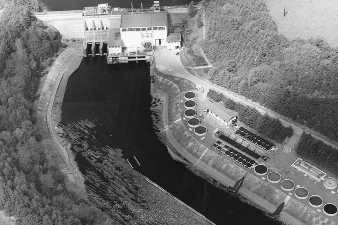 Aerial view of Carrigadrohid Generating Station, showing the power station, dam structures and water channel.