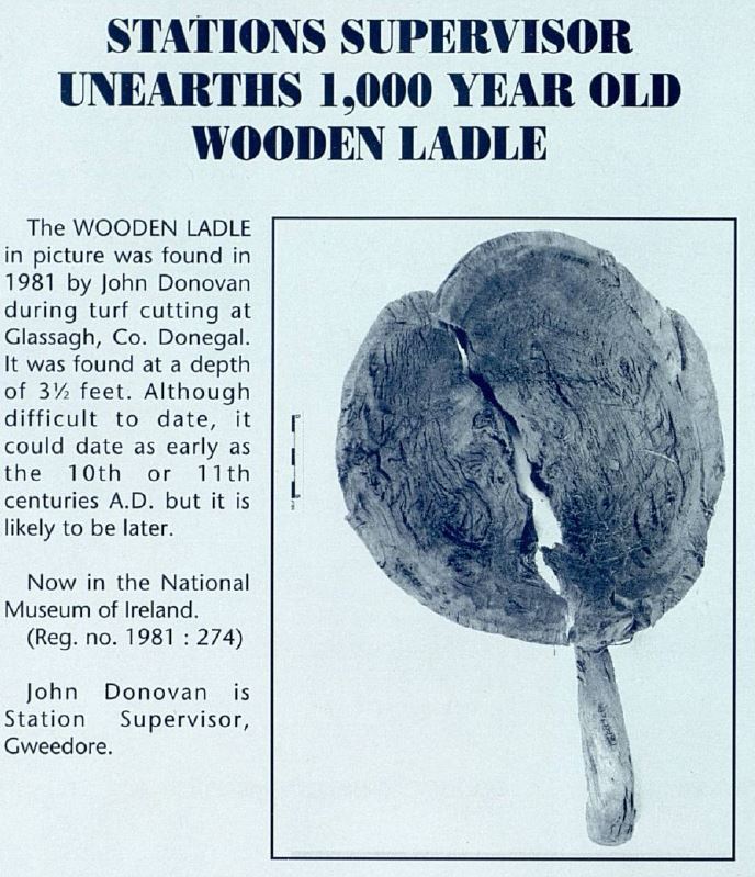 Photograph of a wooden ladle excavated from a bog in County Donegal, shown alongside an article describing its discovery.