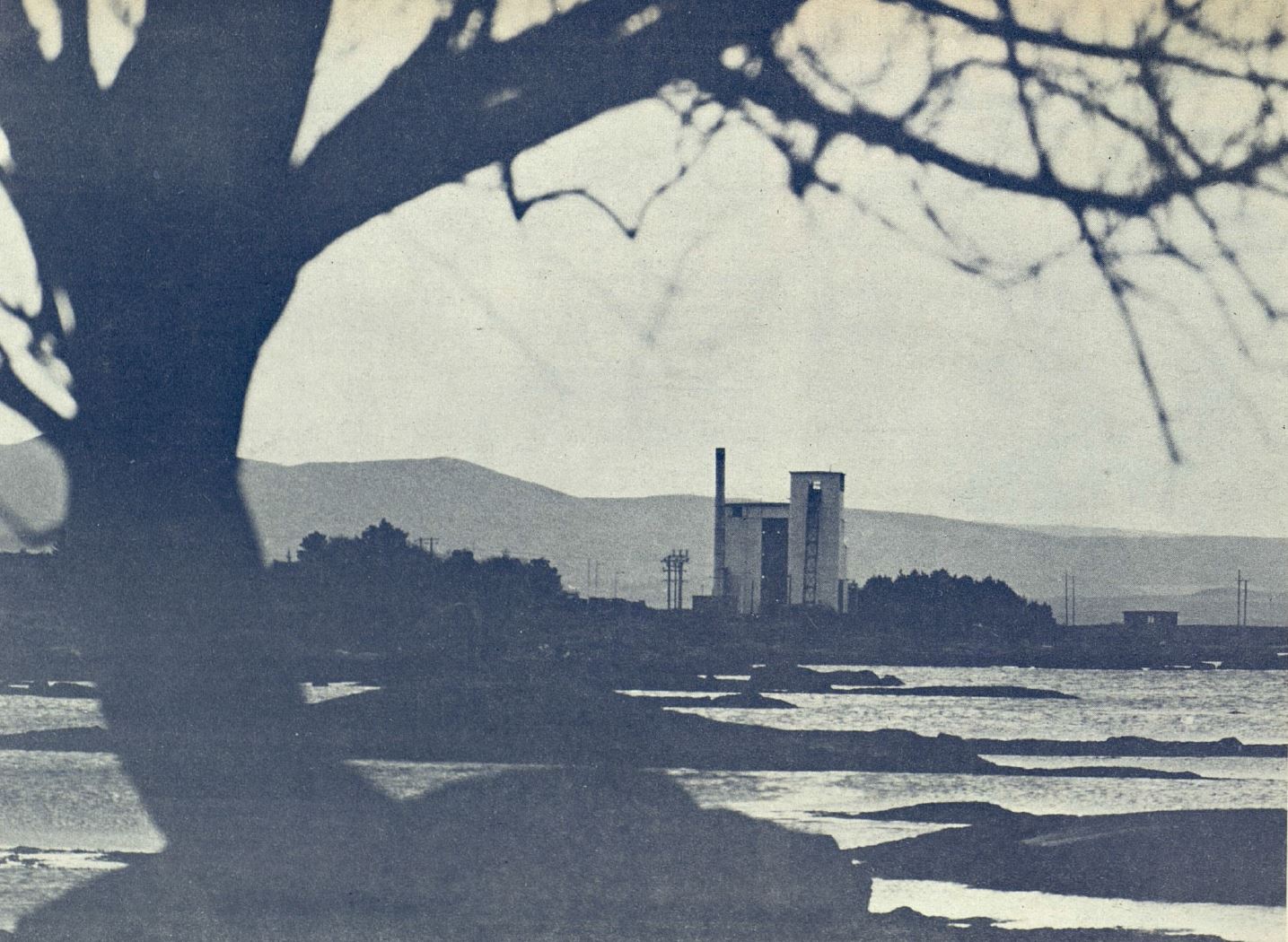 Aerial view of the Screebe power station across water in County Galway.