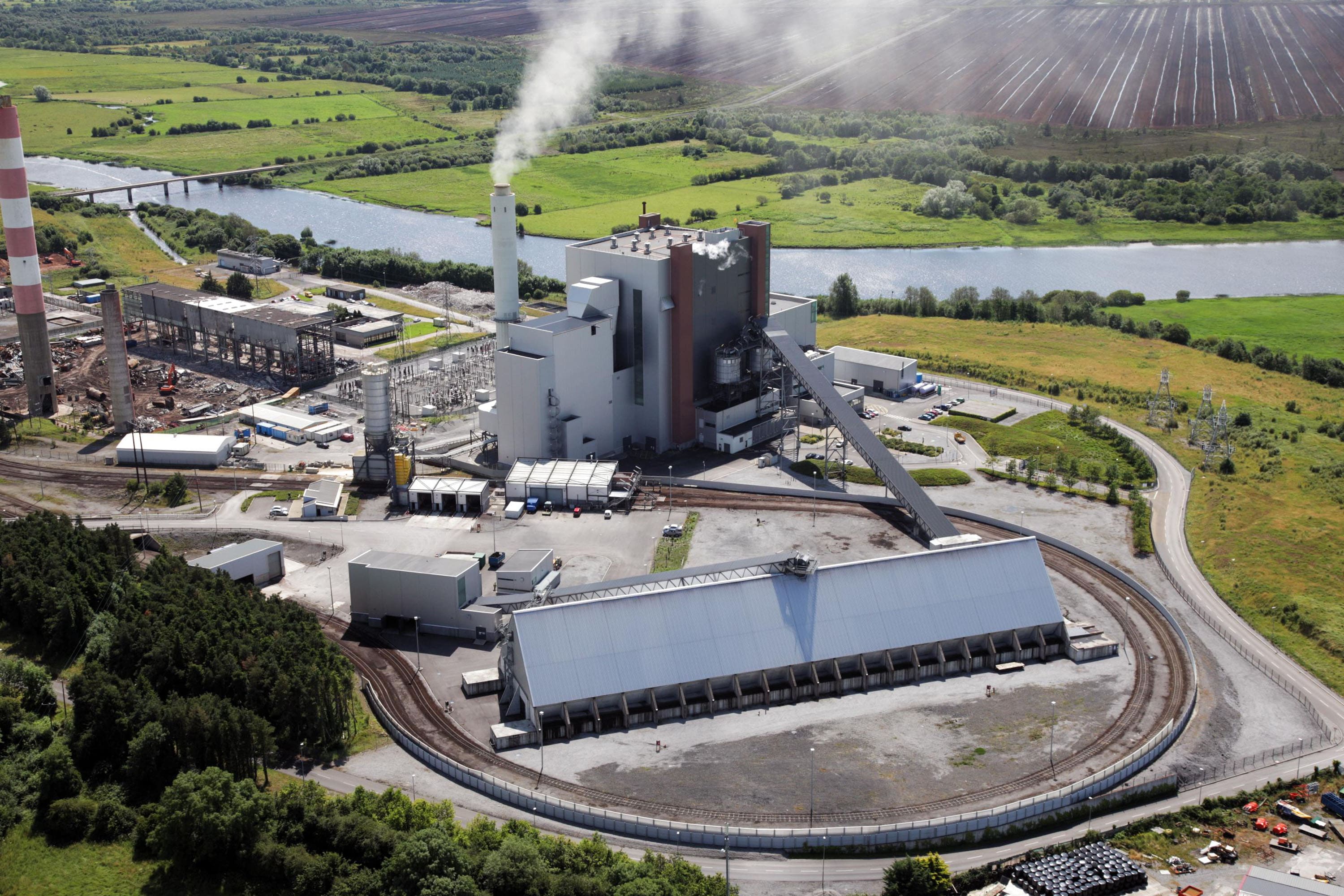 Aerial view of West Offaly Power peat-fired power station at Shannonbridge, County Offaly.