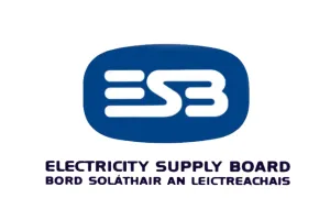 ESB logo introduced in 1987, featuring white “ESB” lettering within a blue rounded shape and accompanied by the words “Electricity Supply Board”.