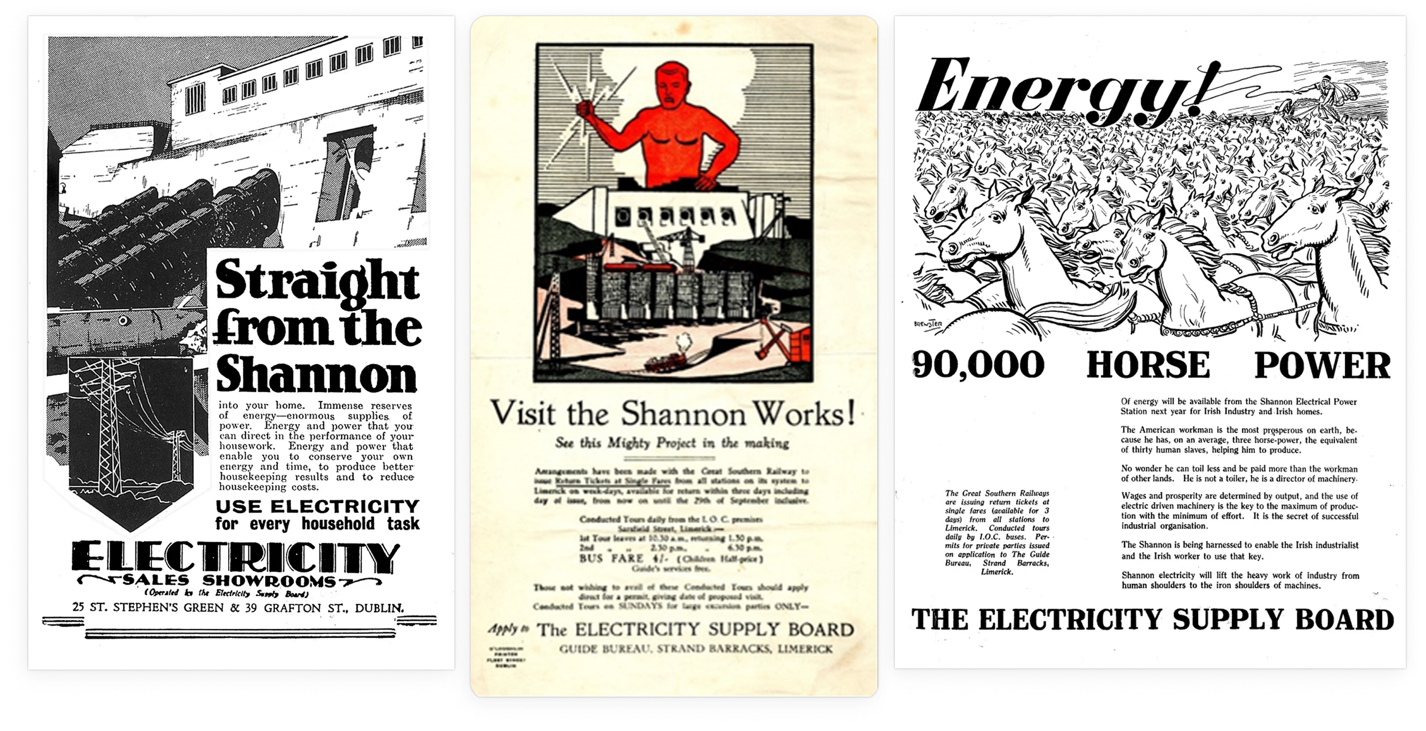 Early ESB advertising posters promoting the benefits of electricity for homes and businesses.