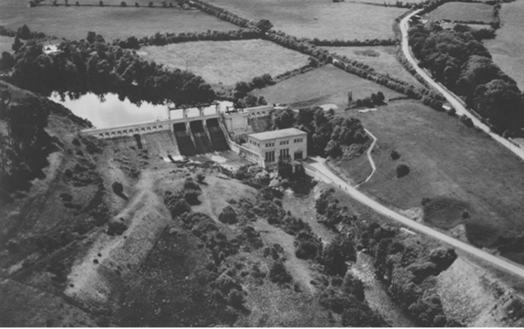 Aerial view of a dam and reservoir associated with the River Liffey hydroelectric development.