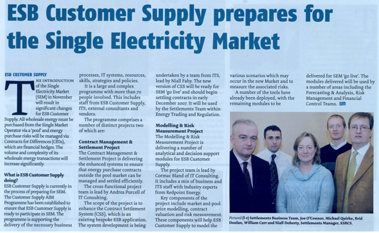 Newspaper article titled “ESB Customer Supply prepares for the Single Electricity Market”, featuring a photograph of a project team and text describing preparations for the introduction of the Single Electricity Market.