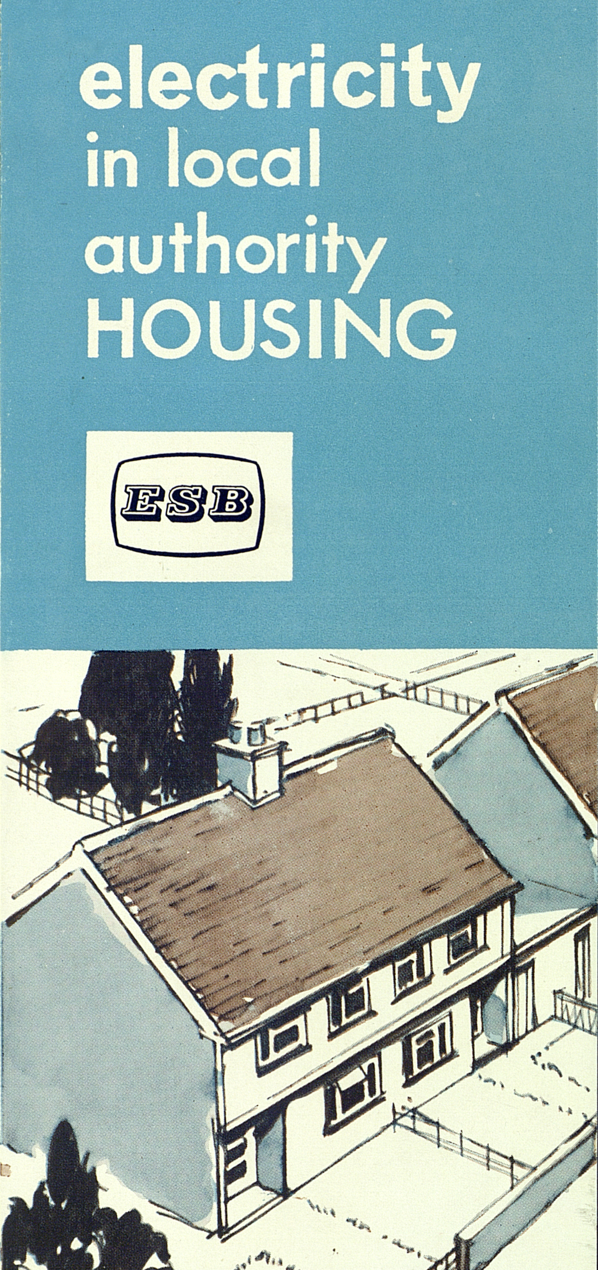 Cover of an ESB pamphlet titled ‘Electricity in Local Authority Housing,’ featuring the ESB logo above an illustrated two‑storey suburban house.