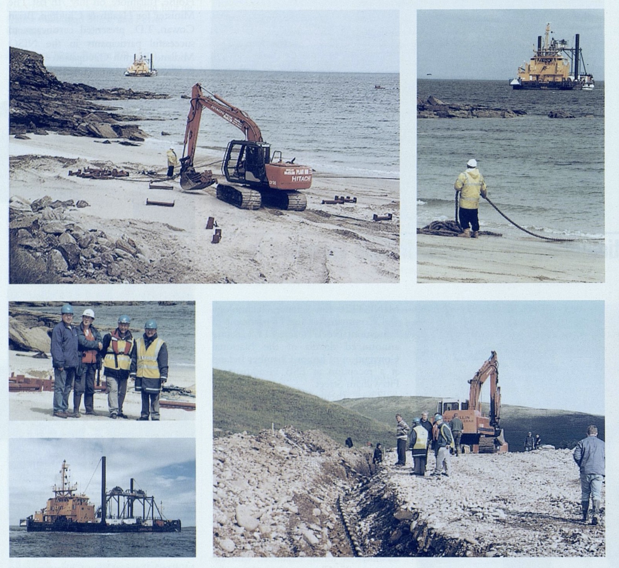 Collage of photographs documenting an island electricity connection project. A cable-laying vessel is positioned offshore while workers and an excavator install cable along a beach and through a newly dug trench.