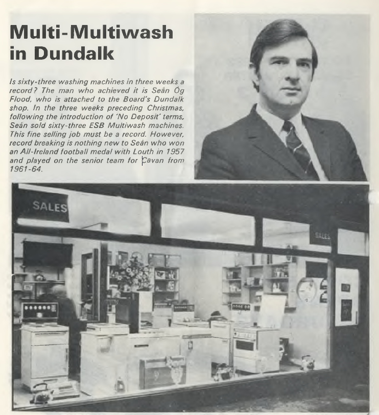 Magazine article highlighting strong sales of ESB Multiwash washing machines in Dundalk, featuring a portrait photograph and a shop window display of household appliances.