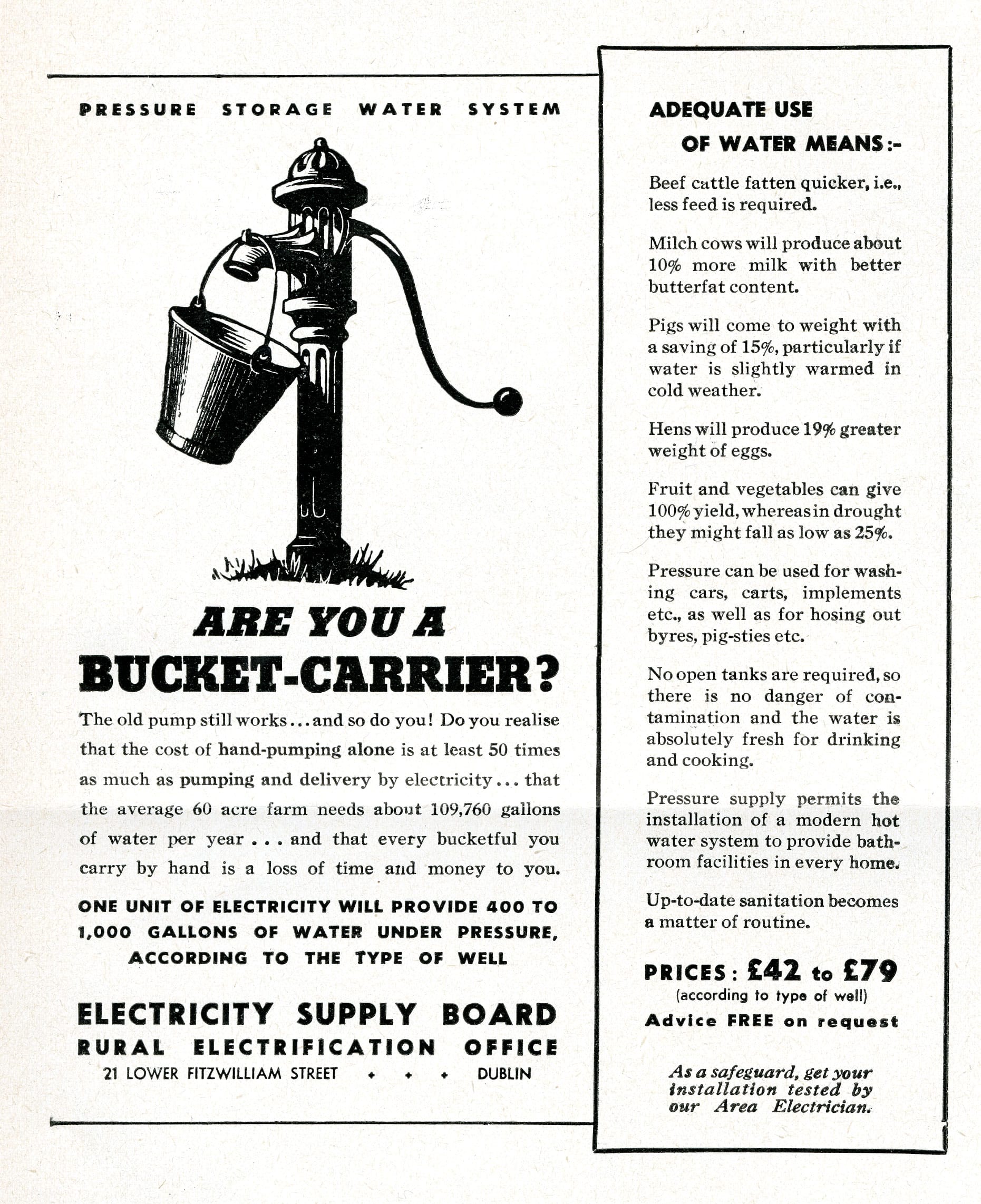 Advertisement for a pressure storage water system featuring an illustration of a hand-operated water pump with a bucket hanging from the spout, alongside text describing the agricultural benefits of a reliable water supply.