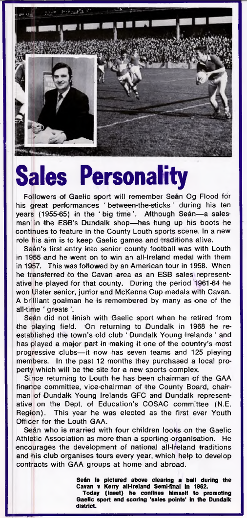 Newsletter page featuring a profile of an ESB sales representative, illustrated with a portrait photograph and an action photograph from a Gaelic football match.