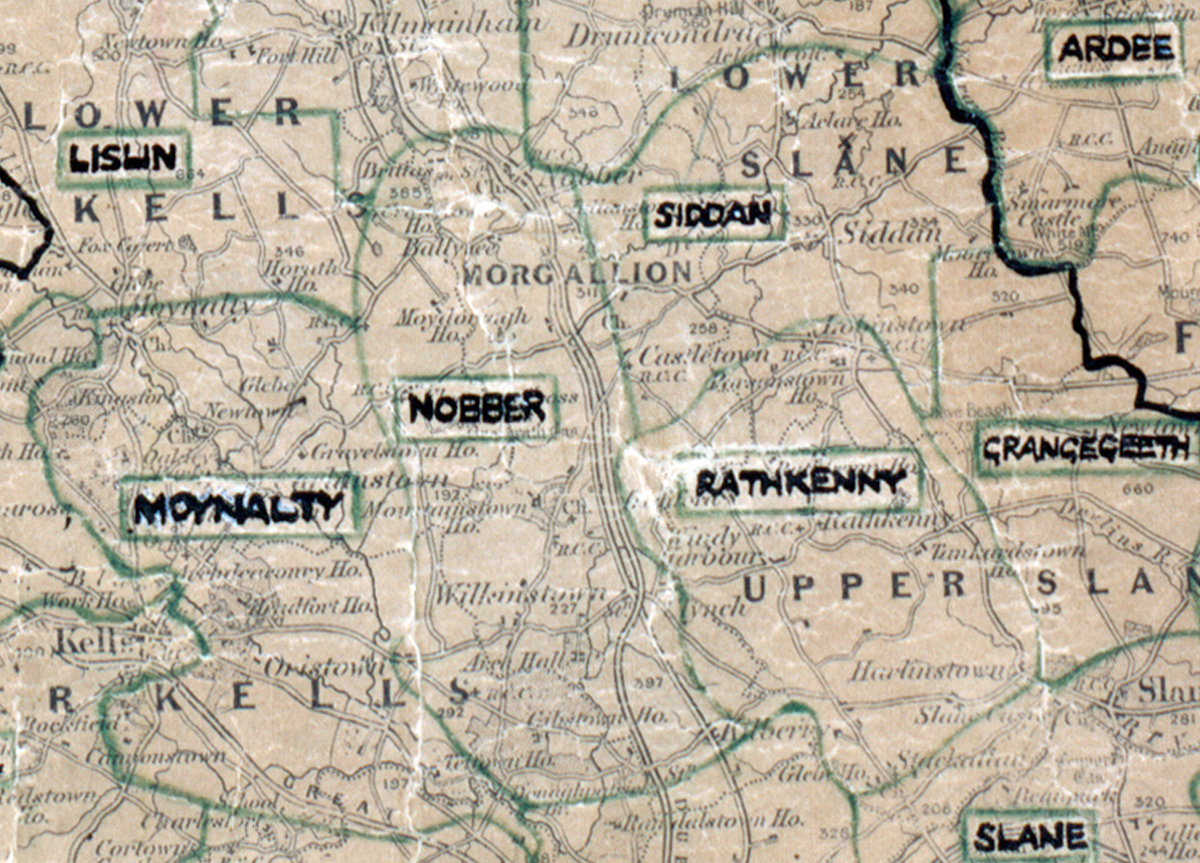A scanned, worn historical map from the 1940s of the  rural electrification area around Nobber. A hand‑drawn boundary outlines the region, including Lislin, Moynalty, Ardee, Siddan, Grangegeeth, Rathkenny and Slane.
