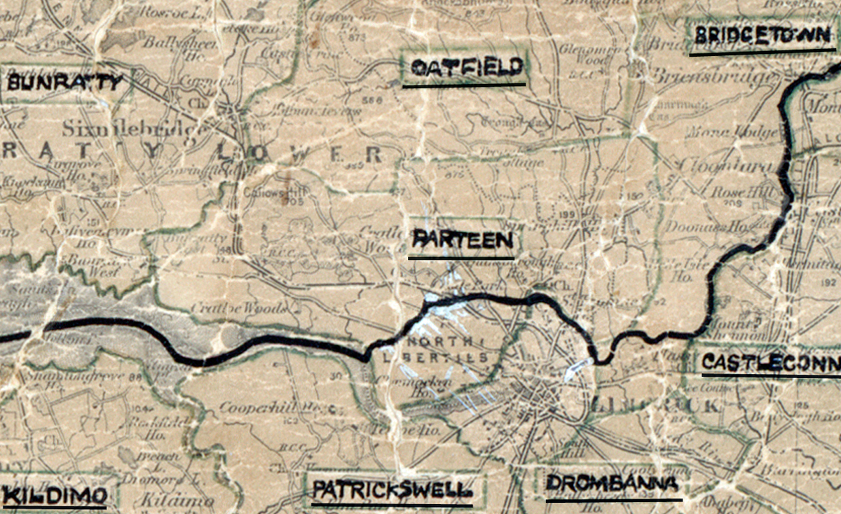 A scanned, worn historical map from the 1940s of the rural electrification area around Parteen. A hand‑drawn boundary outlines the region, including Bunratty, Oatfield, Bridgetown, Castleconnell, Kildimo, Patrickswell, and Drombanna.