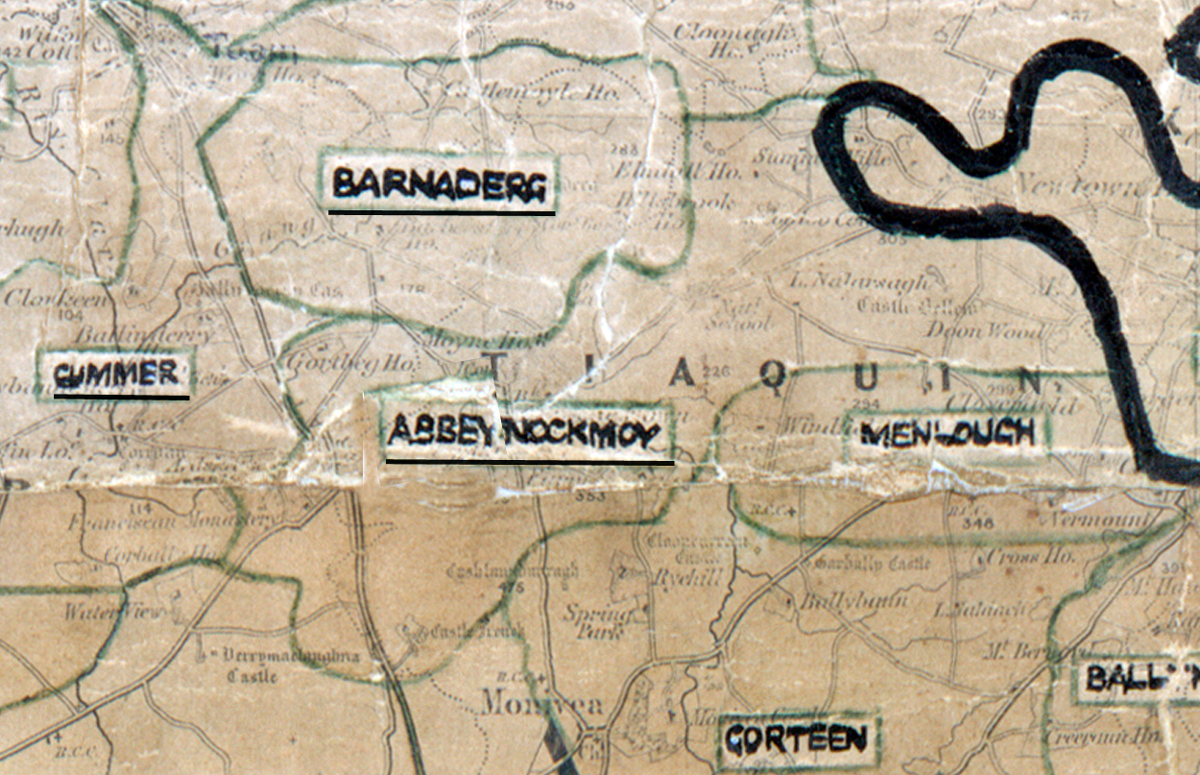 A scanned, worn historical map from the 1940s of the  rural electrification area around Abbeynockmoy. A  hand‑drawn boundary outlines the region.