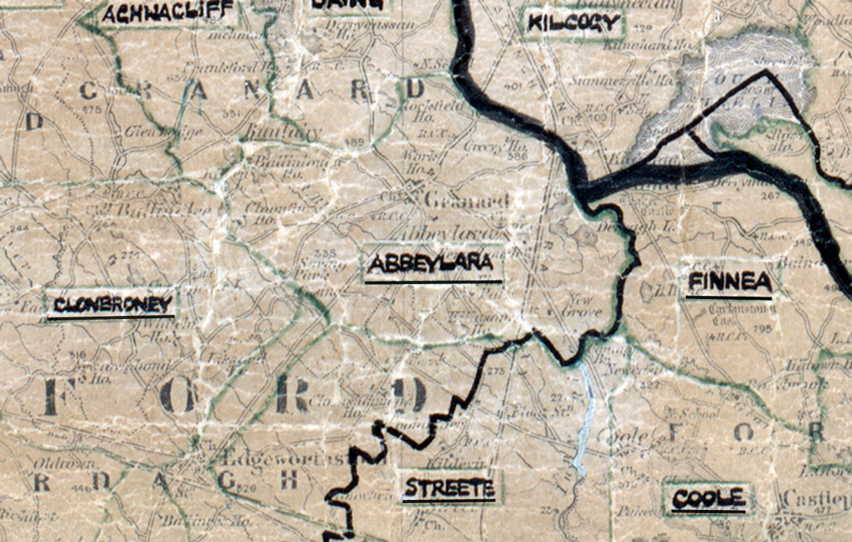 A  scanned, worn historical map from the 1940s of the  rural electrification area around Abbeylara. A  hand‑drawn boundary outlines the region
