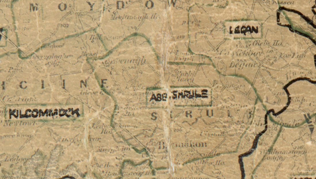 A  scanned, worn historical map from the 1940s of the  rural electrification area around Abbreyshrule. A  hand‑drawn boundary outlines the region.