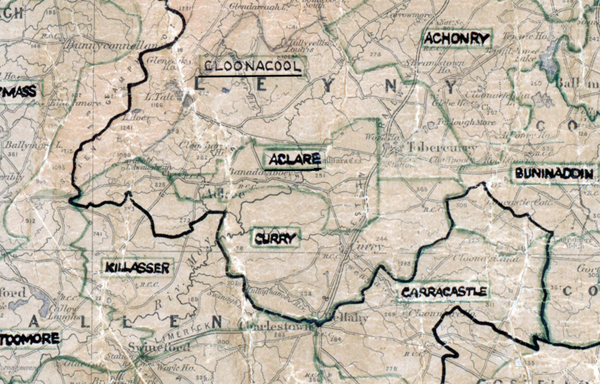 A scanned, worn historical map from the 1940s of the  rural electrification area around Aclare. A  hand‑drawn boundary outlines the region, including Achonry, Cloonacool, Bunninadden, Killasser, Curry, and Carracastle.